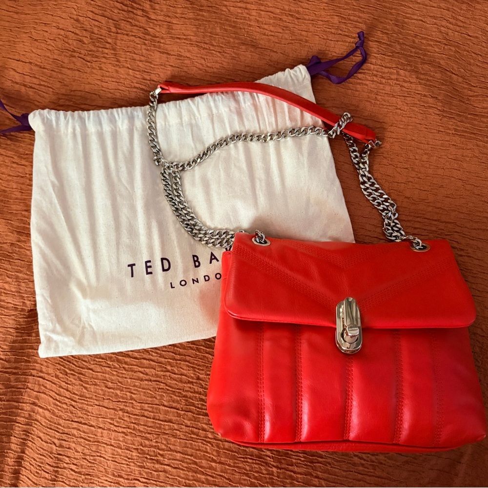 Genuine Leather Ted Baker Vibrant Red Bag with Silver Chain